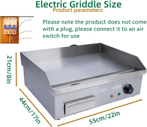 Vista 7 de Plancha eléctrica antiadherente de 4400 W, parrilla termostática de doble control de 572 °F/572.0 °F con disyuntor de sobrecarga, parrilla