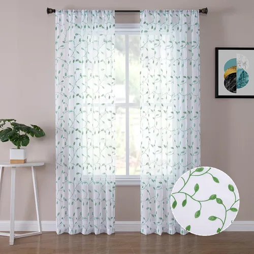 Vista 13 de Cortinas Tollpiz translúcidas, con diseño de hojas bordadas, para dormitorio, de lino sintético, para sala de estar, juego de 2 paneles