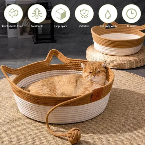 Vista 2 de Cama para gatos de cuerda de algodón tejida a mano, transpirable y fácil de limpiar, hamaca plegable para rascar con diseño de orejas de gato
