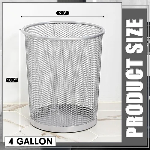 Vista 3 de Zeyune Silver Office Trash Can Mesh Trash Can 4 Gallon Metal Wire Mesh Waste Paper Basket Round Small Garbage Bin for Office Bathroom Home Bedroom