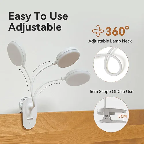 Vista 5 de Luz de abrazadera con clip para cabecera de cama, lámpara de escritorio recargable, 3 colores (blanco/blanco cálido/cálido), cuello de cisne