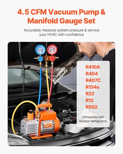 Vista 3 de VEVOR Juego de bomba de vacío y medidor de CA de 3.5 CFM, bomba de vacío de aire HVAC de paleta rotativa de una etapa, kit de manómetro refrigerante