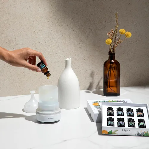 Vista 7 de Cliganic Juego de aceites esenciales orgánicos (Top 5) + difusor de cerámica blanca