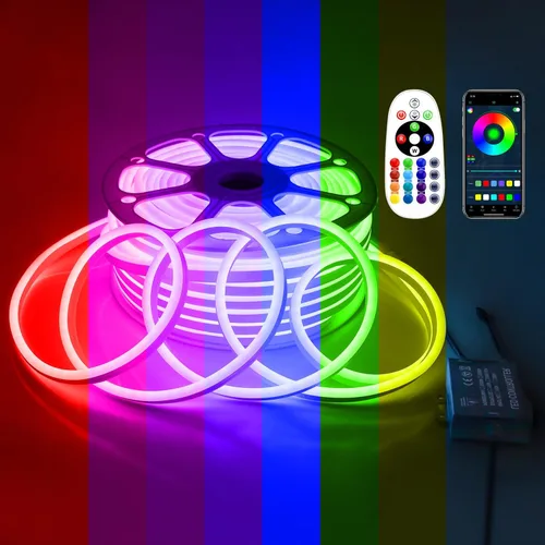 Vista 8 de Aclorol Tira de luces LED RGB de neón de 16.4 pies, impermeable, tira de luces LED de neón CA 110 V-130 V, tira de luz flexible multicolor regulable