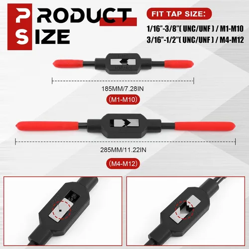 Vista 3 de WILLBOND 2 llaves de grifo ajustables M1-M10, herramienta de mango de trinquete para escariador para reparación de roscas automotrices, previamente