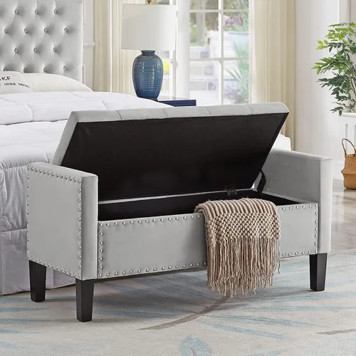 Vista 3 de 24KF Terciopelo moderno tapizado botón de almacenamiento banco con brazos para dormitorio, entrada sala de estar suave asiento acolchado - gris