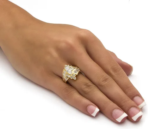 Vista 3 de Anillo de compromiso chapado en oro amarillo de plata de ley o chapado en platino y circonita cúbica baguette Bypass