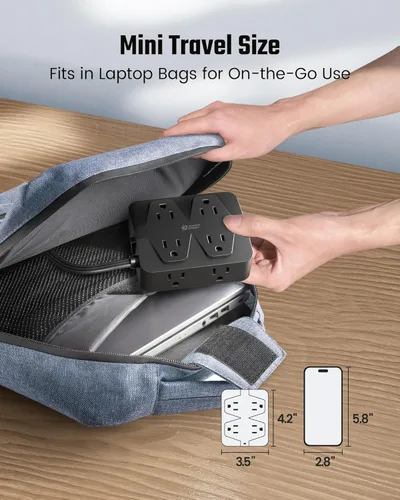 Vista 6 de SUPERDANNY - Regleta de alimentación de carga rápida de 35 W, cable de extensión de enchufe plano de 6 pies (13A/1625W) con 8 tomas anchas y 4