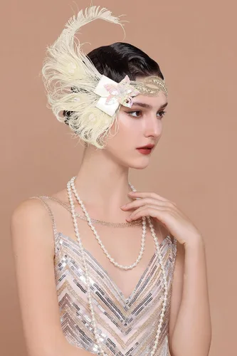 Vista 3 de BABEYOND Diadema de plumas de pavo real de los años 20, accesorios de Gatsby para mujer con lentejuelas Beige