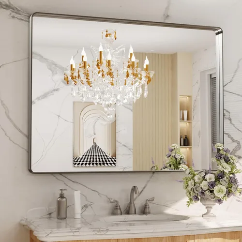 Vista 8 de LOAAO - Espejo de baño/tocador con marco de metal color níquel cepillado plateado de 22x30 pulgadas para pared, rectangular, redondeado