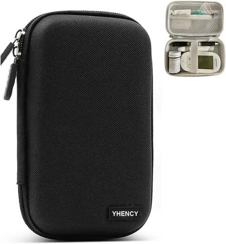 Bolsa de suministro para diabéticos de carcasa rígida para diabetes, estuche organizador para monitor de glucosa en sangre, kit de prueba con A-Negro