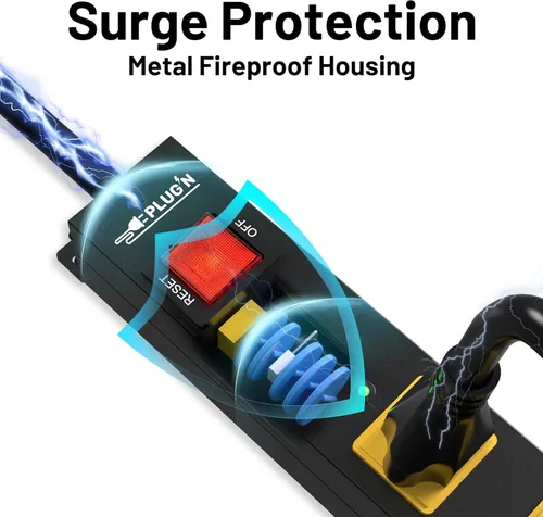 Vista 6 de Regleta protectora de sobretensiones de 2700J, regletas de alimentación resistentes con cable de 12 pies de largo y enchufe plano, tira de 6