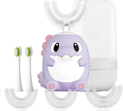 Vista 13 de Cepillo de dientes eléctrico en forma de U para niños, cepillo de dientes automático sónico de dinosaurio con 6 cabezales de cepillo, boca completa