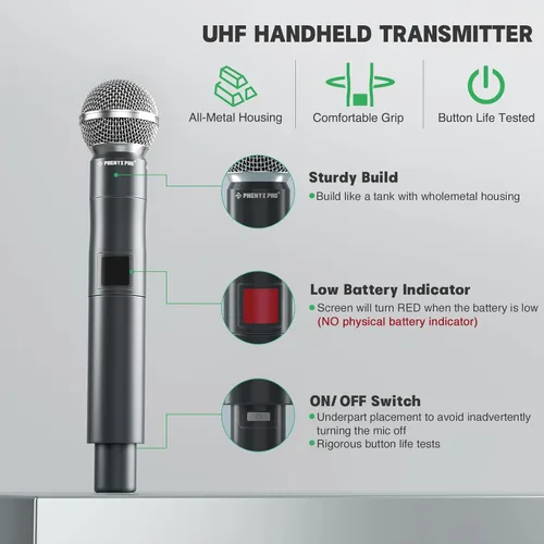 Vista 2 de Phenyx Pro Micrófono inalámbrico profesional, micrófono dinámico UHF de 911.3 MHz, micrófono inalámbrico de metal, transmisor de micrófono de mano