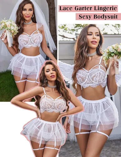 Vista 2 de Avidlove Lencería de encaje para mujer, minifalda de malla, ropa de noche, babydoll