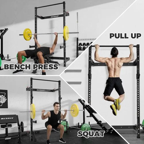 Vista 6 de RitFit 2.36'' x 2.36'' Folding Squat Rack for Home Gym, Wall Mounted Squat Rack with Attachments - Space Saving Squat Power Rack