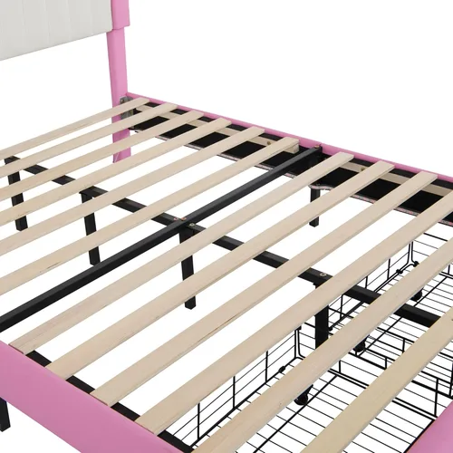 Vista 31 de Elegante cama de princesa tapizada de tamaño individual con cabecera corona, plataforma de piel sintética con soporte resistente de listones