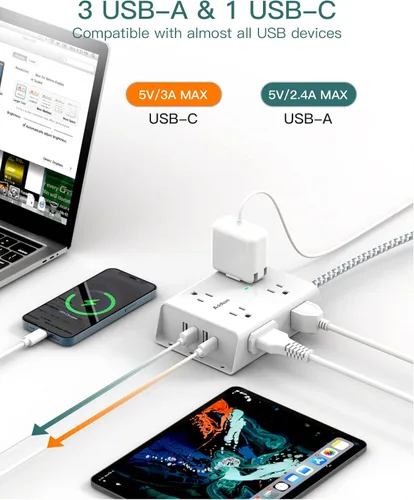 Vista 5 de Regleta Protectora contra Sobretensiones, 8 Tomas Ampliamente Espaciadas con 4 Puertos USB (1 Toma USB C), Addtam Regleta Extensora de 3 Lados