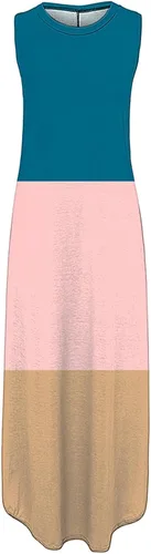 Vista 4 de NATHGAM Vestidos de verano para mujer, vestido largo sin mangas, cómodo, de algodón, estampado de moda, vestido de playa para mujer