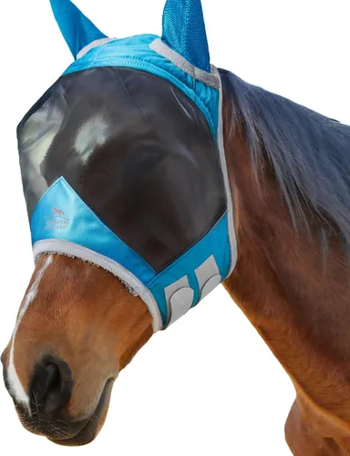 Vista 146 de Harrison Howard Máscara de mosca de caballo luminosa profesional estándar con orejas protección UV para caballo, azul y plateado, pequeño poni Azul