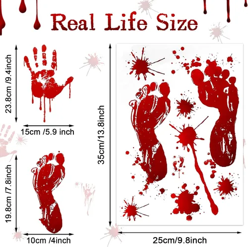 Vista 4 de Juego de 6 cortinas de ducha de huellas de manos sangrientas de Halloween, incluye cortina de ducha sangrienta, tapete de puerta con huellas