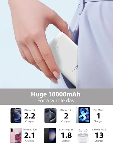 Vista 5 de miisso 10000mah Slim Portable Charger with Built in Cable, Power Bank Travel Phone Charger External Battery Pack for Phones, 4 Output USB C Cords