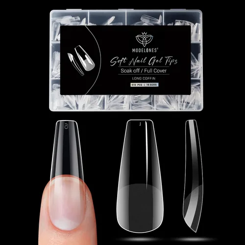Vista 29 de Modelones Puntas de uñas postizas en forma de almendra medias 510 piezas, uñas acrílicas transparentes a presión con forma previa de cobertura