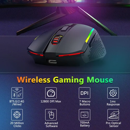 Vista 4 de Redragon Combo de teclado y mouse inalámbricos para juegos, Bluetooth/2.4G/USB-C con cable, retroiluminación RGB, teclado de membrana macro