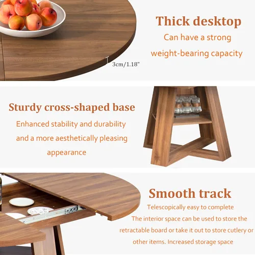 Vista 7 de Mesa de comedor redonda extensible de 43.3 a 59 pulgadas para 4 a 8, moderna mesa de comedor ovalada de cocina con hojas extraíbles, ahorro de Nogal