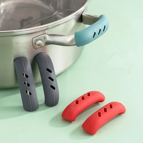 Vista 5 de Juego de 3 pares de fundas de silicona para mango de olla antiquemaduras, funda de silicona antideslizante, juego de soportes de mango