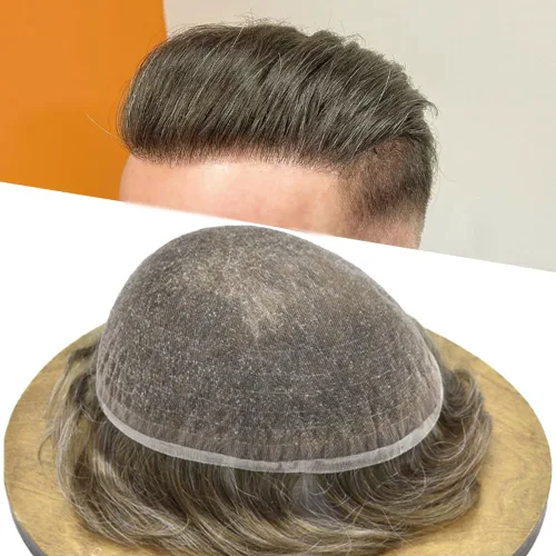 Vista 40 de Toupee - Sistema de reemplazo de piezas de cabello humano real, encaje suizo suave frontal para hombre, nudo blanqueado, línea capilar natural