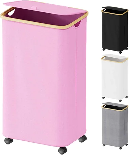 Vista 9 de SUOCO Cesta de lavandería con ruedas 100L, canasta de ropa con tapa y asas de bambú, cesta plegable para la ropa sucia para dormitorio, baño, Negro