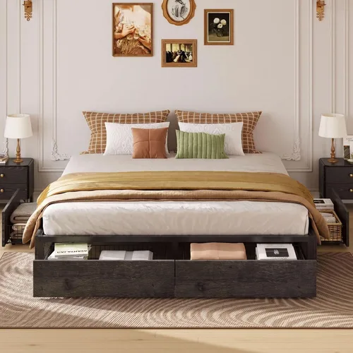 Vista 3 de LIKIMIO Base de cama King con 4 cajones de almacenamiento, color gris Gris carbón