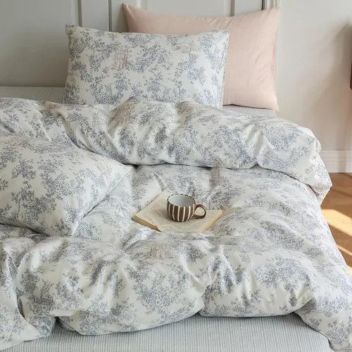 Vista 48 de Juego de funda de edredón blanca con estampado floral azul, juego de ropa de cama de algodón suave estilo bohemio, juego de ropa de cama estética
