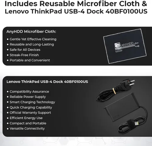 Vista 7 de 40BF0100US USB4 Docking Station for Laptops with 135W Adapter, HDMI, DisplayPort, USB C Cables & Cloth- Docking Station