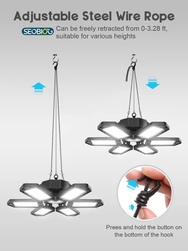 Vista 6 de SEOBIOG Paquete de 3 luces de garaje enchufables, 200 W, 20000 lúmenes, luz LED enlazable para tienda, luces de techo de 6500 K con 6 paneles