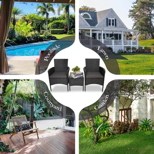 Vista 6 de Juego de muebles de patio de 3 piezas, sillas de mimbre de ratán de polietileno para exteriores con cojines de asiento y mesa auxiliar con mesa