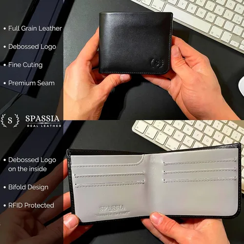 Vista 3 de Spassia Primero diseño delgado y plegable protección RFID cartera de cuero de grano completo Spatial Black Classic