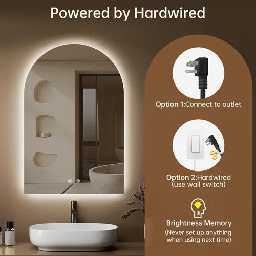Vista 7 de Espejo Retroiluminado con Forma de Arco para Baño de 20"x30" - Espejo de Baño LED Sin Marco con Luces, Sin Empañamiento, Ajustable, 3 Cambios