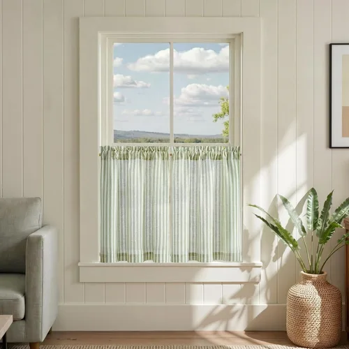 Vista 31 de jinchan - Cortinas de lino a rayas para cocina de 20 pulgadas de largo, cortinas de varios niveles, estilo granja moderna de café, tratamientos
