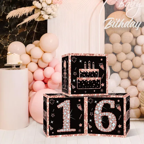 Vista 6 de Eiurteao 3 cajas de decoración de cumpleaños número 16 para niñas, cajas de globos de feliz cumpleaños de 16 años de oro rosa, suministros