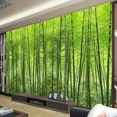 Vista 2 de Papel pintado 3D de paisaje de bosque de bambú, mural de pared de bosque de bambú verde, papel tapiz fotográfico para sala de estar, dormitorio, TV