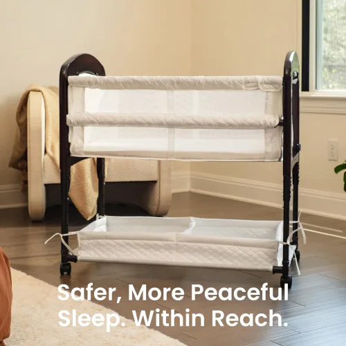 Vista 4 de Arm's Reach Cambria Co-Sleeper - Moisés de noche con patas ajustables en altura, extremos de madera curvos, laterales de malla transpirable