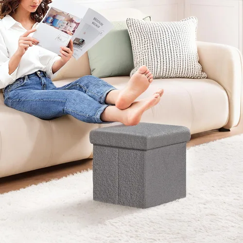 Vista 2 de PINPLUS Otomanas otomanas de almacenamiento con forma cuadrada con reposapiés de almacenamiento para sala de estar, asiento otomano Boucle para Gris