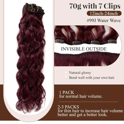 Vista 4 de Extensiones de cabello humano con clip, color burdeos, extensiones de cabello humano largo ondulado con clip, 2.47 onzas, 7 unidades, extensiones