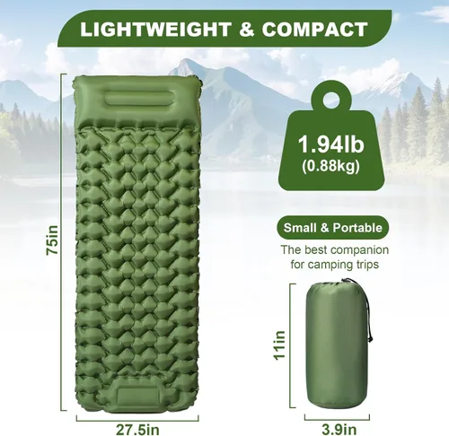 Vista 2 de Ultralight Air Pad: 1.9lbs Camping Mattress with Pillow & Foot Pump - 4" Thick with One-Second Deflation for Easy Backpacking