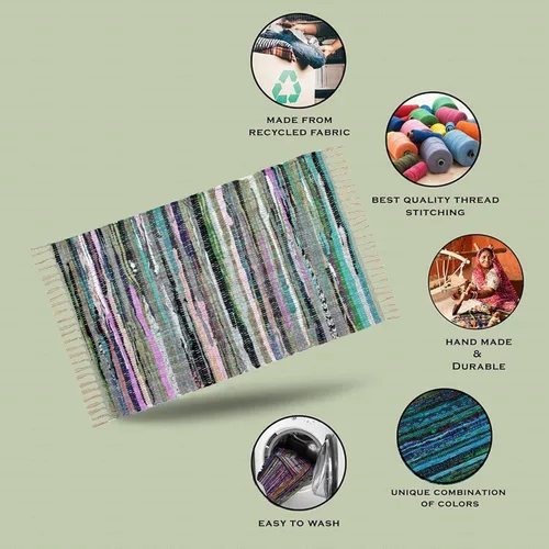 Vista 8 de Alfombra de algodón de 24 x 36 pulgadas, multicolor, tejida a mano, lavable y reversible para sala de estar, cocina, entrada, con borlas (aguamarina)