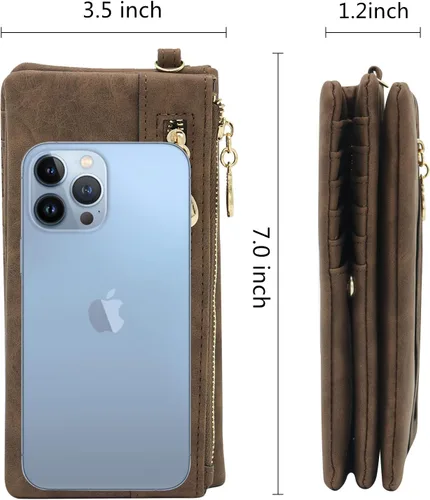 Vista 5 de Cartera de cuero vegano para mujer cartera larga plegable para mujer con bolsillo con cremallera Café