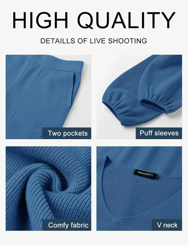 Vista 5 de MEROKEETY Conjunto de 2 piezas para mujer, de manga larga, cuello en V, suéter de punto y pantalón de pierna ancha