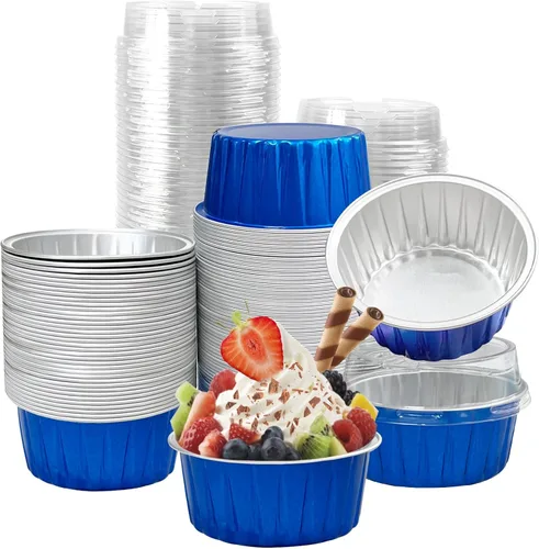 Vista 11 de 100 piezas de tazas de aluminio con tapas, 5 onzas de tazas desechables de ramekin para hornear, forros para magdalenas, mini moldes para tartas